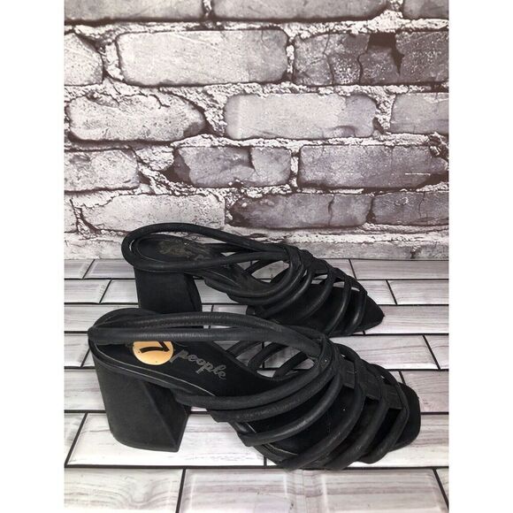 Free People Black Leather Cuban Heel Cage Strappy Sandals Women’s 37.5M US/7M US - Picture 3 of 16